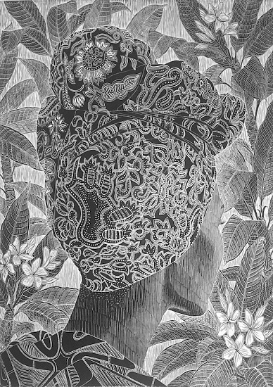 GARY STEPHENS, RACHAEL WITH DOEK AND PLUMERIA FLOWERS
2018, FOLDED LINOLEUM PRINT ON PAPER WITH STRING SYSTEM