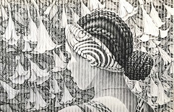 7 amber with moonflowers and braids 114 x 172 charcoal on folded paper 2018