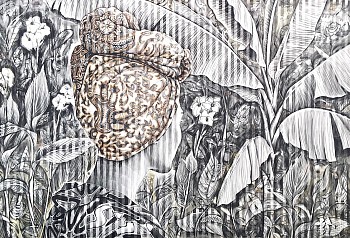 9 racheal with doek banana and canna flowers 174 x 114 charcoal and chalk pastrel on folded paper with string system 2018 1