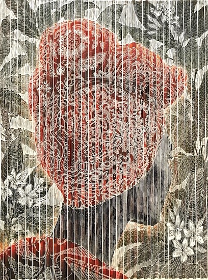 GARY STEPHENS, RACHAEL WITH DOEK AND PLUMERIA FLOWERS
2018, FOLDED LINOLEUM PRINT ON PAPER WITH STRING SYSTEM