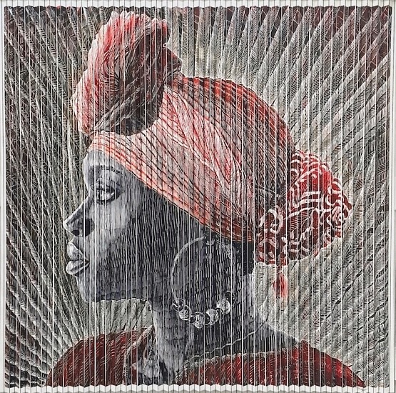 GARY STEPHENS, LETICIA WITH FAN PALM
2018, FOLDED LINOLEUM PRINT ON PAPER WITH STRING SYSTEM, COLOUR VERSION