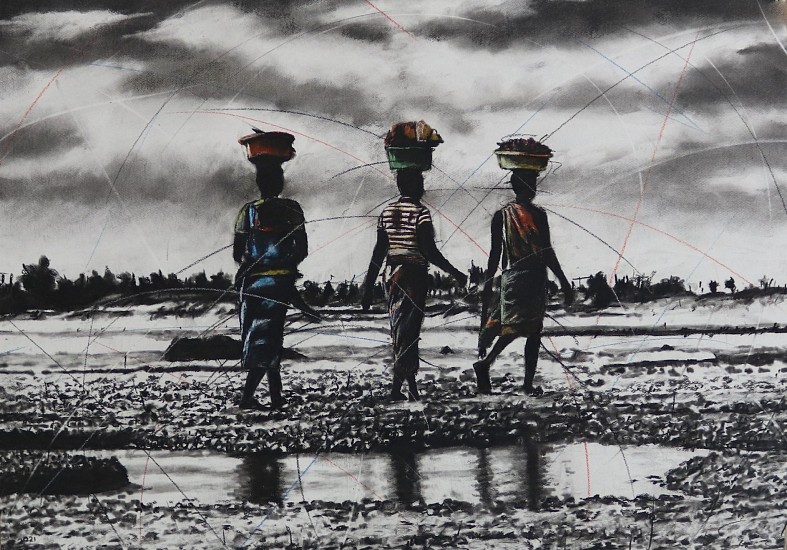 PHILLEMON HLUNGWANI, MANANA, U N'WANSATI LOYI NDZI N'WI TIVAKU WA MATIMBA I (MOM, YOU ARE THE STRONGEST WOMAN I KNOW I) <br />
2021, CHARCOAL AND DRY PASTEL ON COTTON PAPER