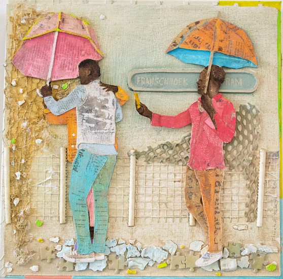 THONTON KABEYA, A SUNNY DAY IN FRANSCHHOEK I
2023, WALNUT POWDER, CHALK PAINT & NEWSPAPER INK TRANSFERRED ON SCULPTING CANVAS
