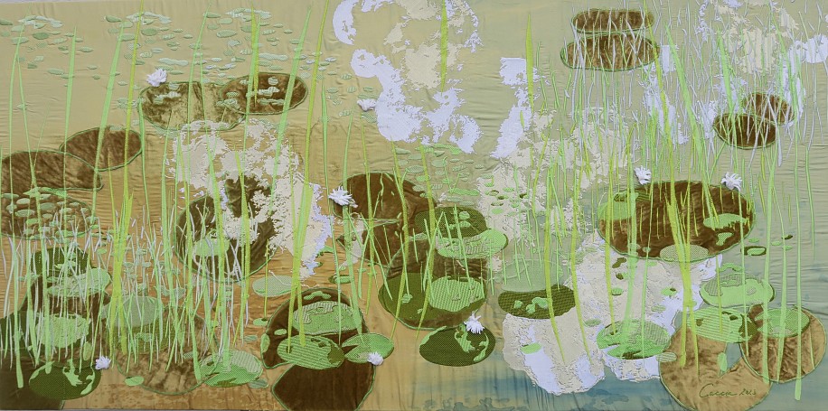 ARABELLA CACCIA, CHA CHA METSI II, OKAVANGO DELTA, BOTSWANA
2023, APPLIQUÃ‰ & EMBROIDERY ON HAND PAINTED SILK
