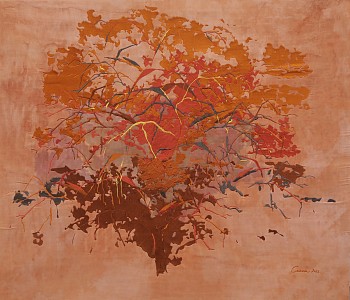 Tree in a Red Sand Storm Sosssus Vlei Namibia embroidery on hand painted chiffon linen and hessian