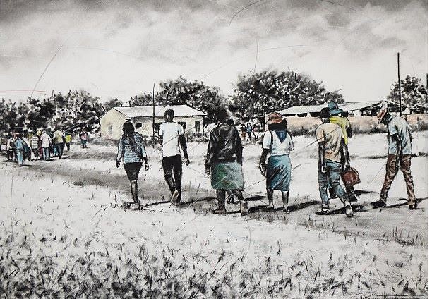 PHILLEMON HLUNGWANI, ONGE SIKU RA WENA RI NGA TALA HI KU RHULA I NTSKAO II (MAY YOUR DAY BE FILLED WITH JOY, PEACE AND HAPPINESS) II
CHARCOAL & SOFT PASTEL ON COTTON PAPER
