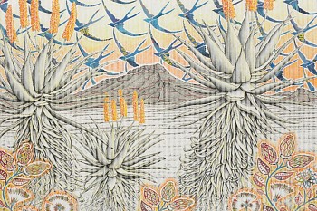 website 6) Three Graaf Reinet Aloes with Blue Swallow Sky, 153 x 185cm, chalk pastel and newsprint on pleated paper, 2025