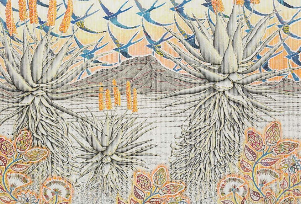 6 three graaf reinet aloes with blue swallow sky 153 x 185cm chalk pastel and newsprint on pleated paper