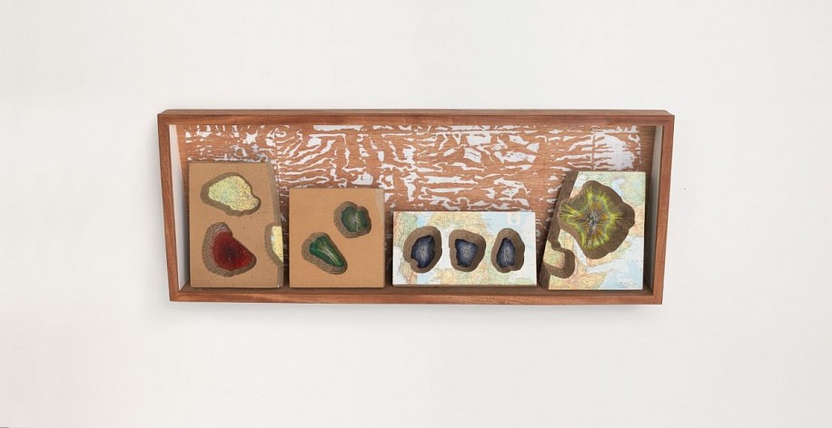 MARK RAUTENBACH, HEAR AND THEIR 1/5 (SOMEWHERE / VERY LONG LANDSCAPE, WORLDING SERIES)
CORRUGATED CARDBOARD, PAGES FROM AN ATLAS, SEWING THREAD, PAPER & BOARD