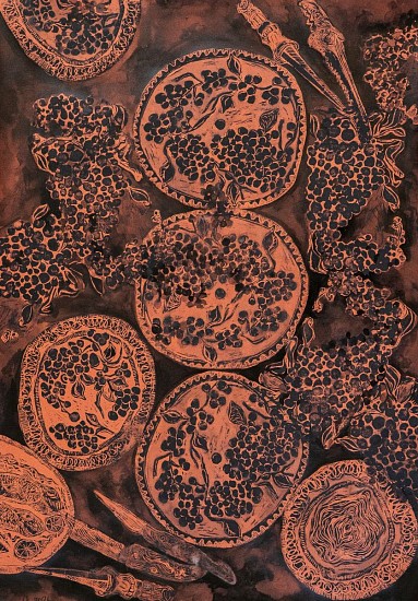 LADY SKOLLIE, SOUR GRAPES PLATTERS
2026, LINOCUT, INK & CRAYON ON FABRIANO