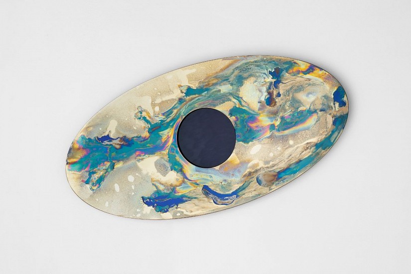 WATER DIXON, SUSPENDED IN GRACE: THE SHAPE OF WHAT'S KNOWN
2025, MULTILAYER BRASS AND SPECTRUM LEPIDOLITE MIRROR ON 6MM GLASS WITH PURPLE HAND-CAST GLASS INSERT